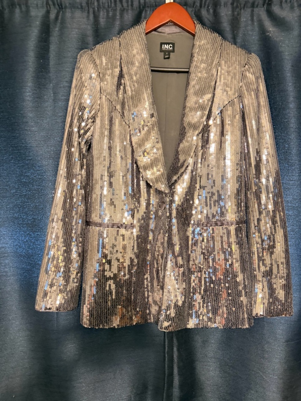 INC International Concepts Silver Sequin Blazer Jacket with Shawl Collar